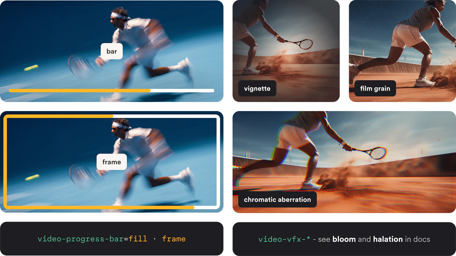 Imgix cinematic video effects: burned-in progress bar plus vignette, film grain, and chromatic aberration