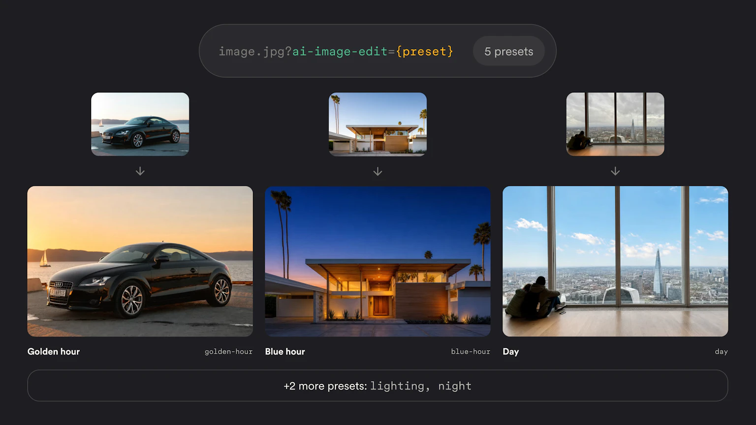 The same car, home exterior, and skyline interior view converted between golden hour, blue hour, and daytime lighting.