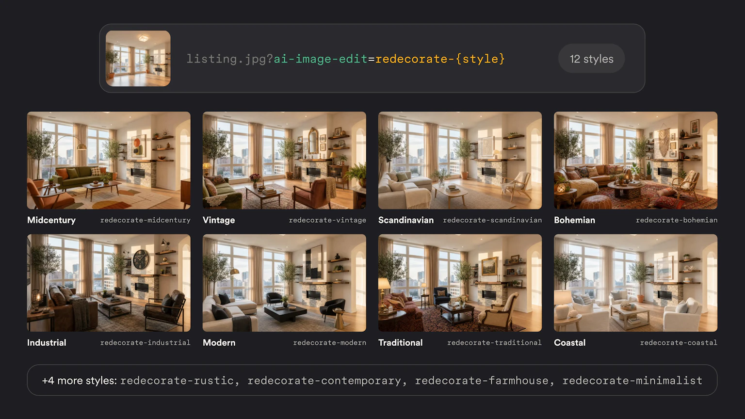 The same empty apartment living room redecorated into eight different interior styles, Midcentury, Vintage, Scandinavian, Bohemian, Industrial, Modern, Traditional, and Coastal, shown side by side, with four more styles available.