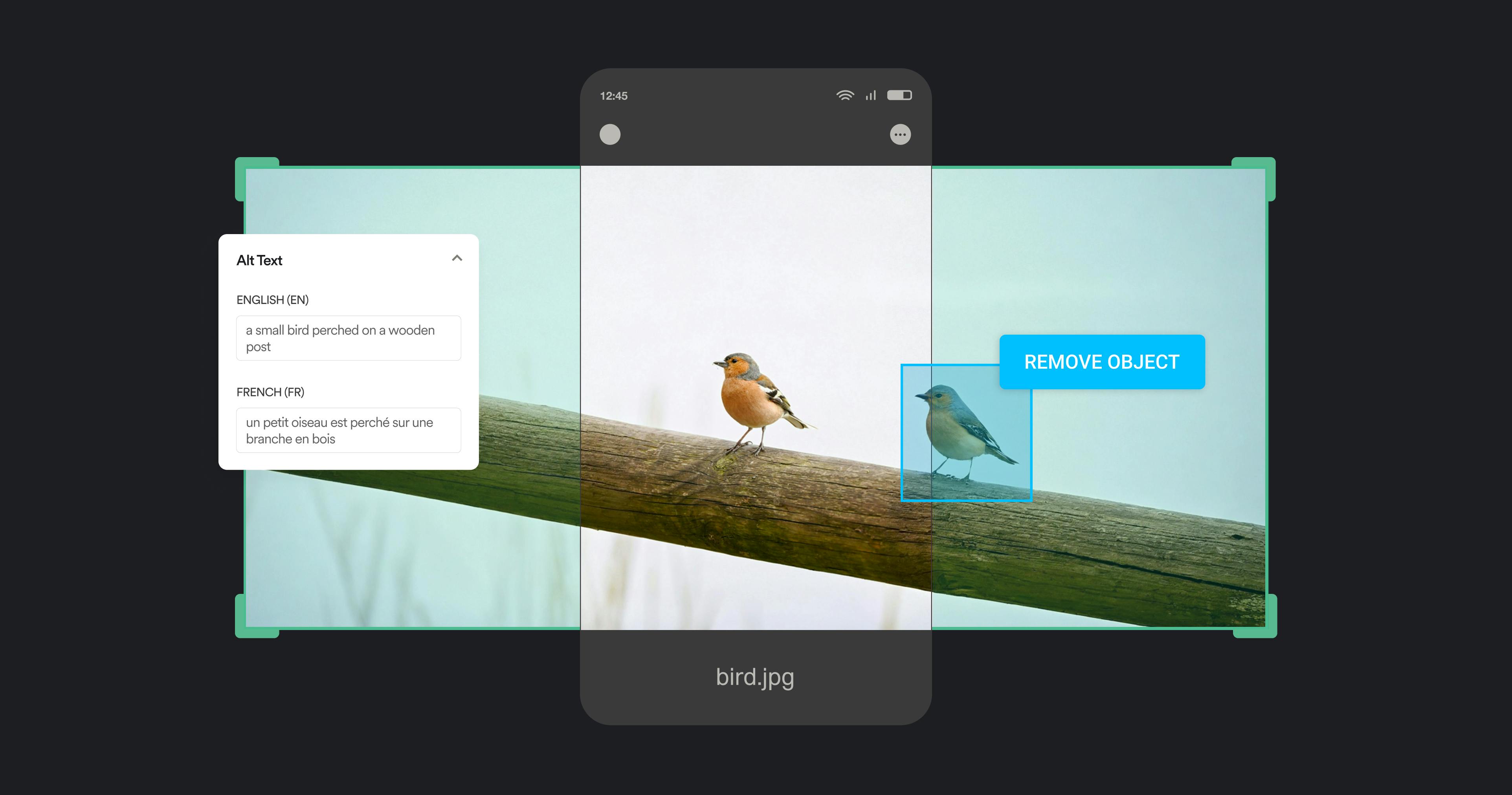 two birds on a branch with digital overlays showing 2 AI image enhancements, object removal and alt text generation
