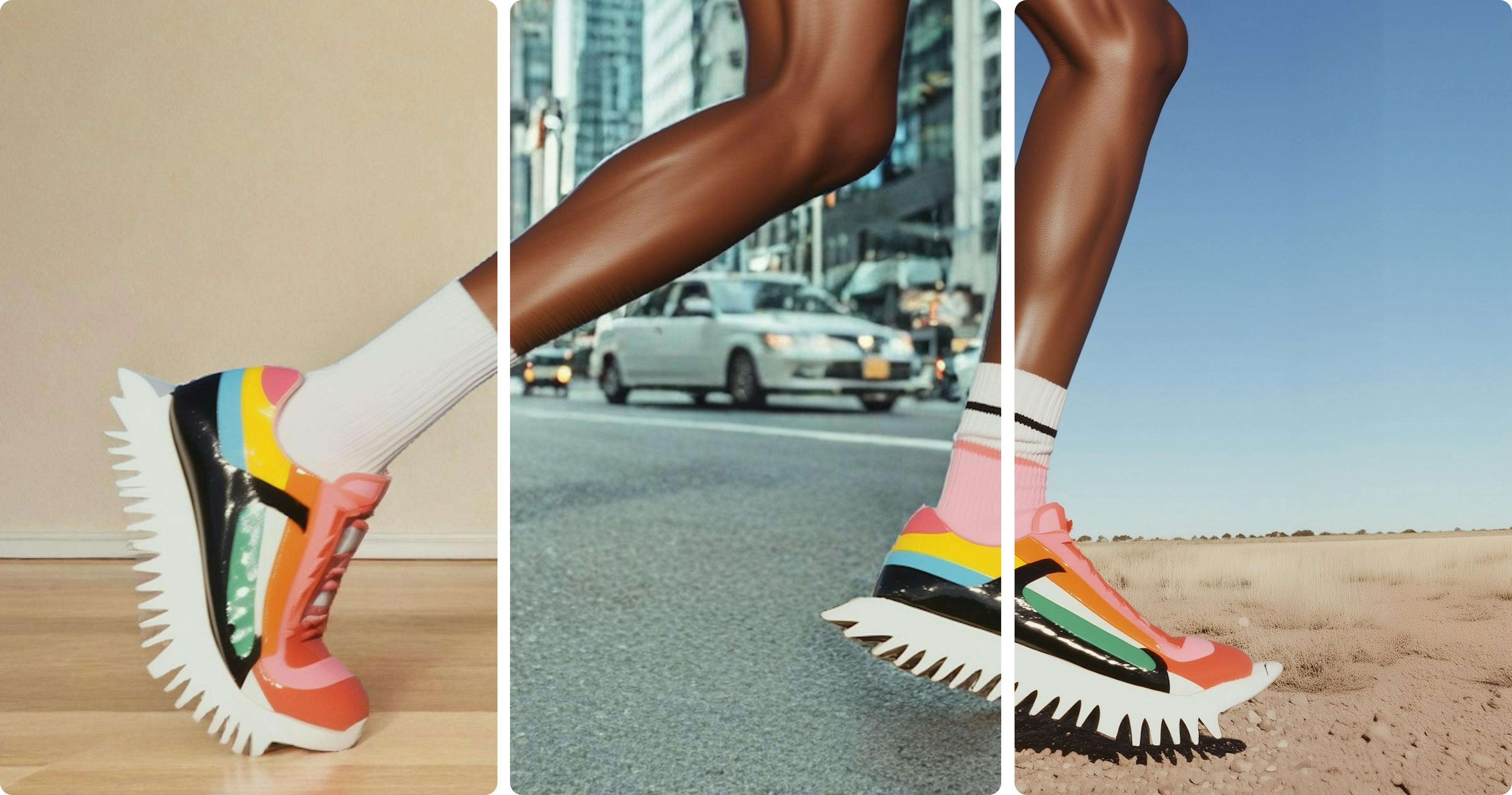 photo of a person's legs wearing colorful sneakers while running accross three frames with different backgrounds