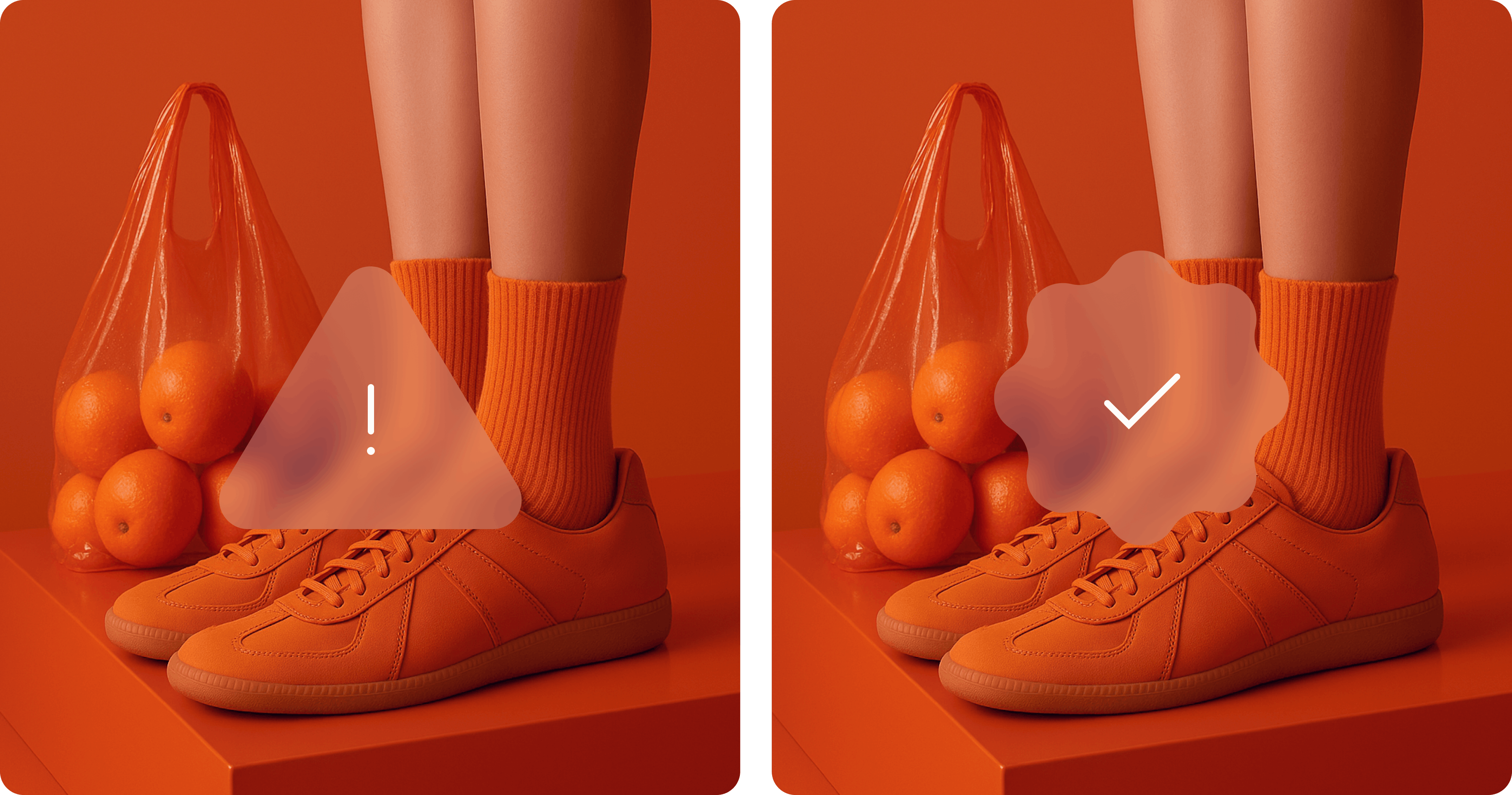 duplicate images of legs wearing orange sneakers and orange socks next to an orange plastic bag filled with oranges, with a warning symbol overlayed in one frame and a checkmark in the other