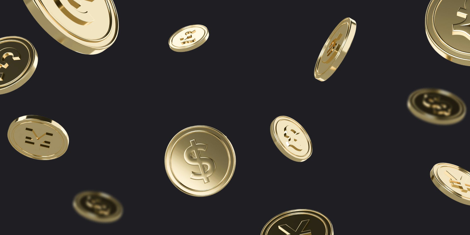 metallic coins of various currency and at various angles, with a dark background