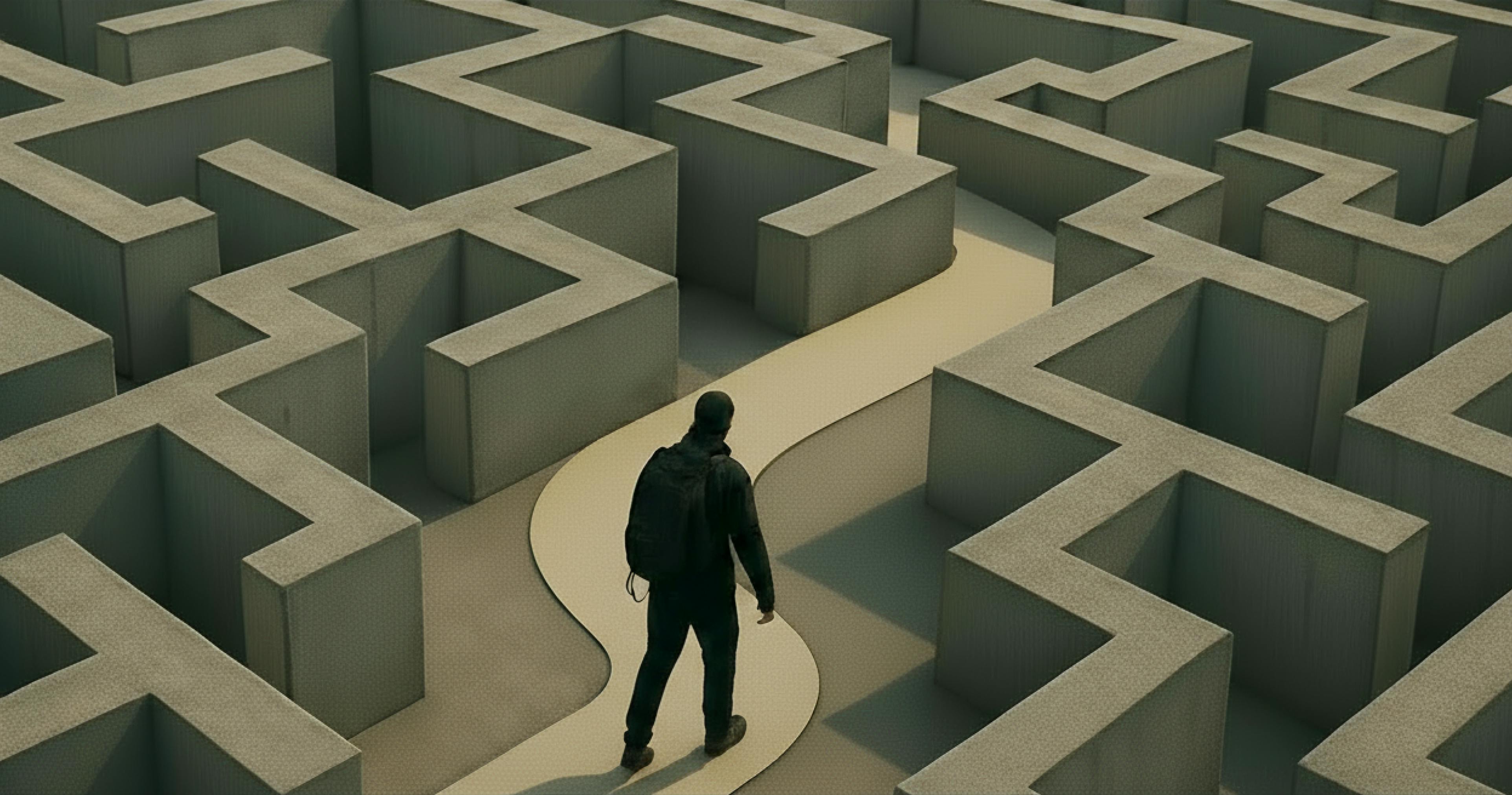 a figure of a man standing on a paht in the middle of a maze