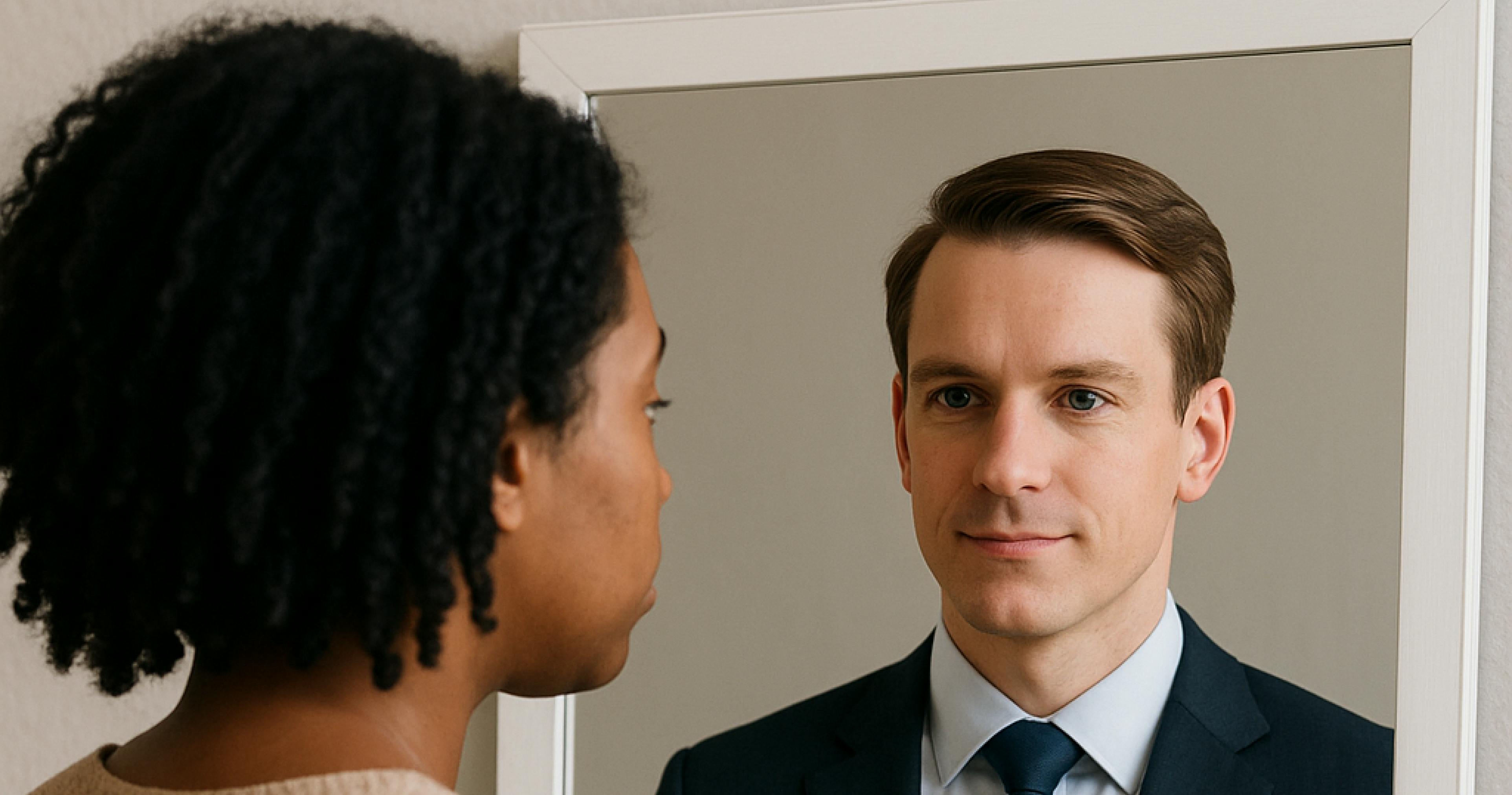 photo of a black woman looking into a mirror with a white man looking back at her