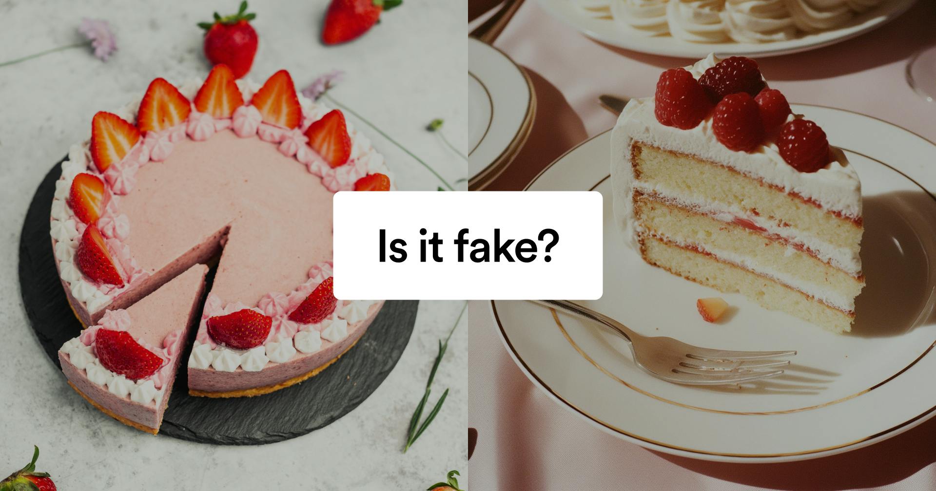 two cakes, one real and one AI-generated, with a caption that asks, is it fake?