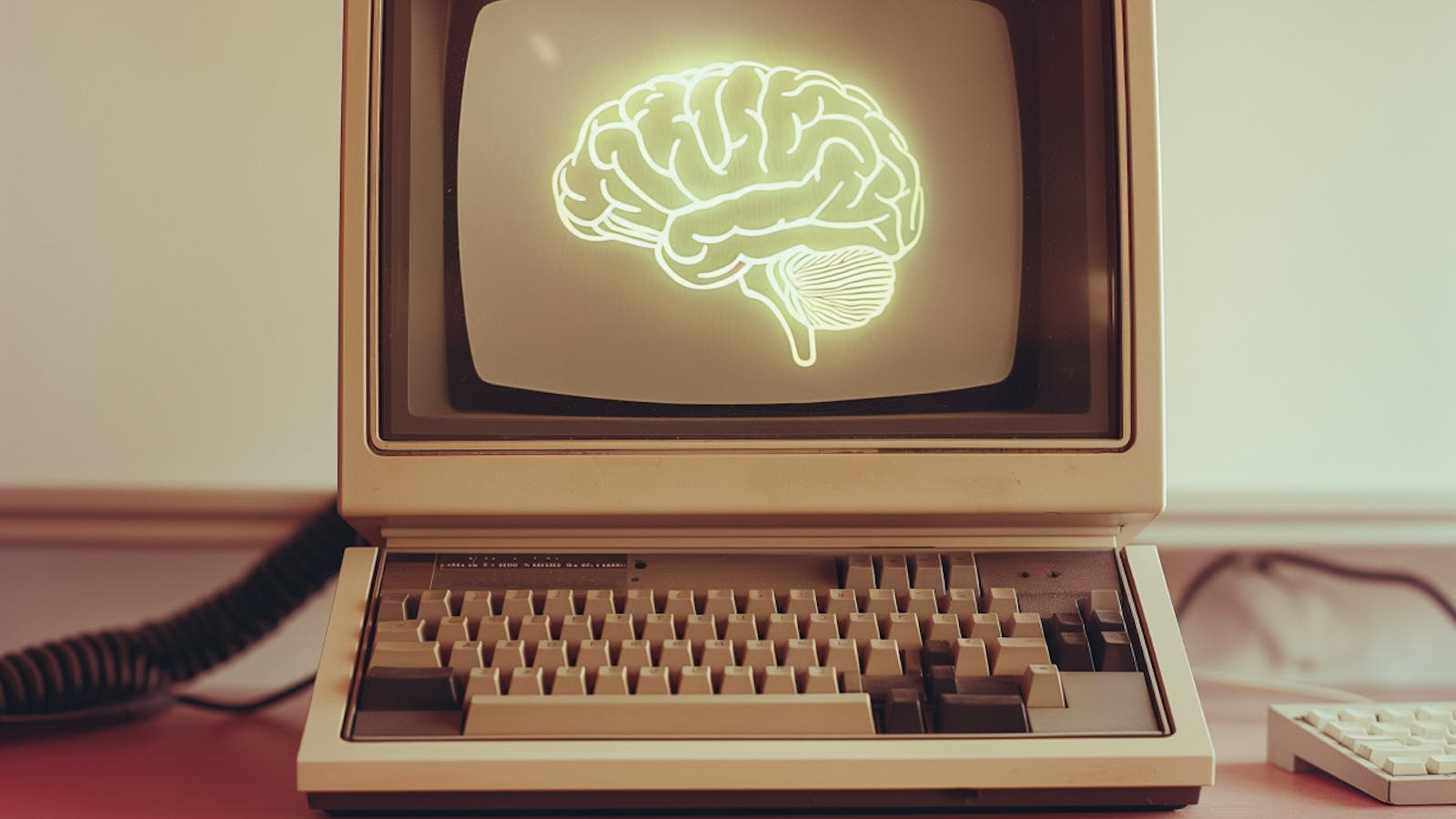 AI(脳のアイコン)とコンピュータで、意思決定と実装を象徴するビジュアル