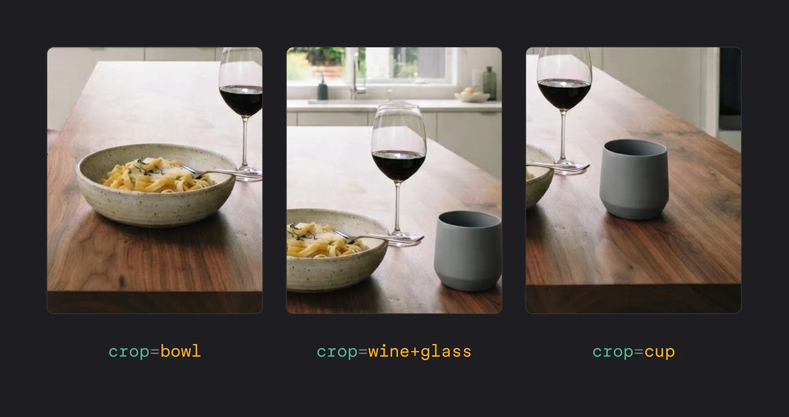 One photo of a pasta bowl, a glass of red wine and a cup on a kitchen counter, cropped three ways from the same source at the same output size: crop=bowl frames the pasta bowl, crop=wine+glass frames the glass, and crop=cup frames the cup.